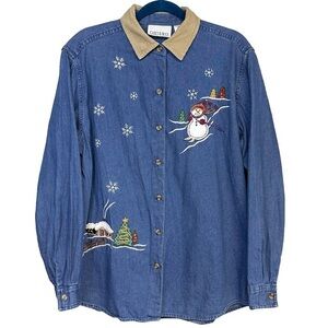 Vintage Casey & Max Winter Christmas Theme Denim Botton Up Top Corduroy Collar L